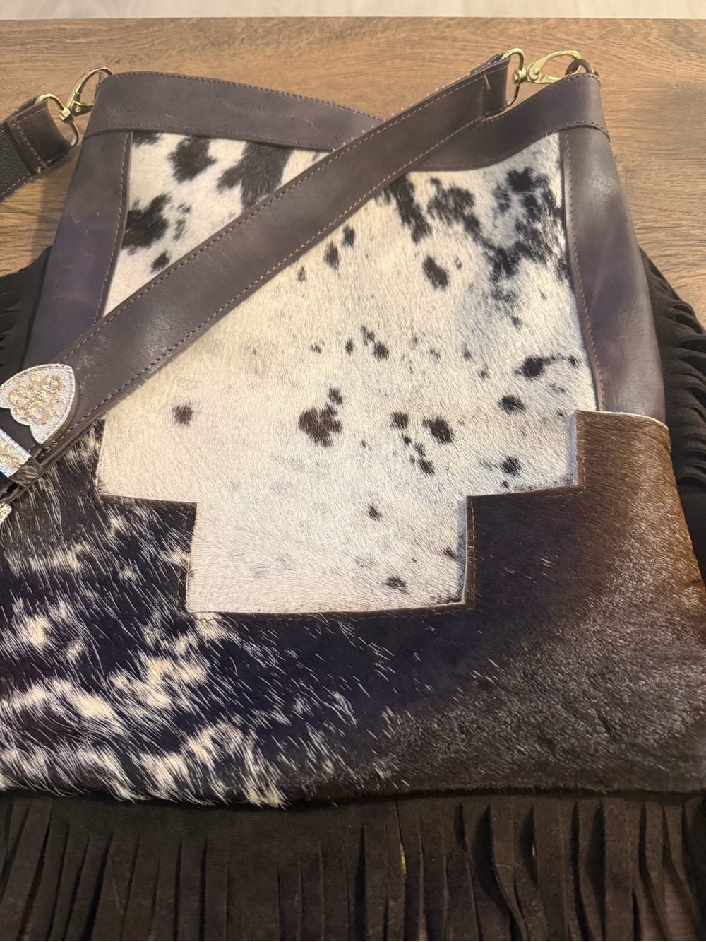 Leather & Cowhide Suede Fringe Crossbody Bag in Brown and White